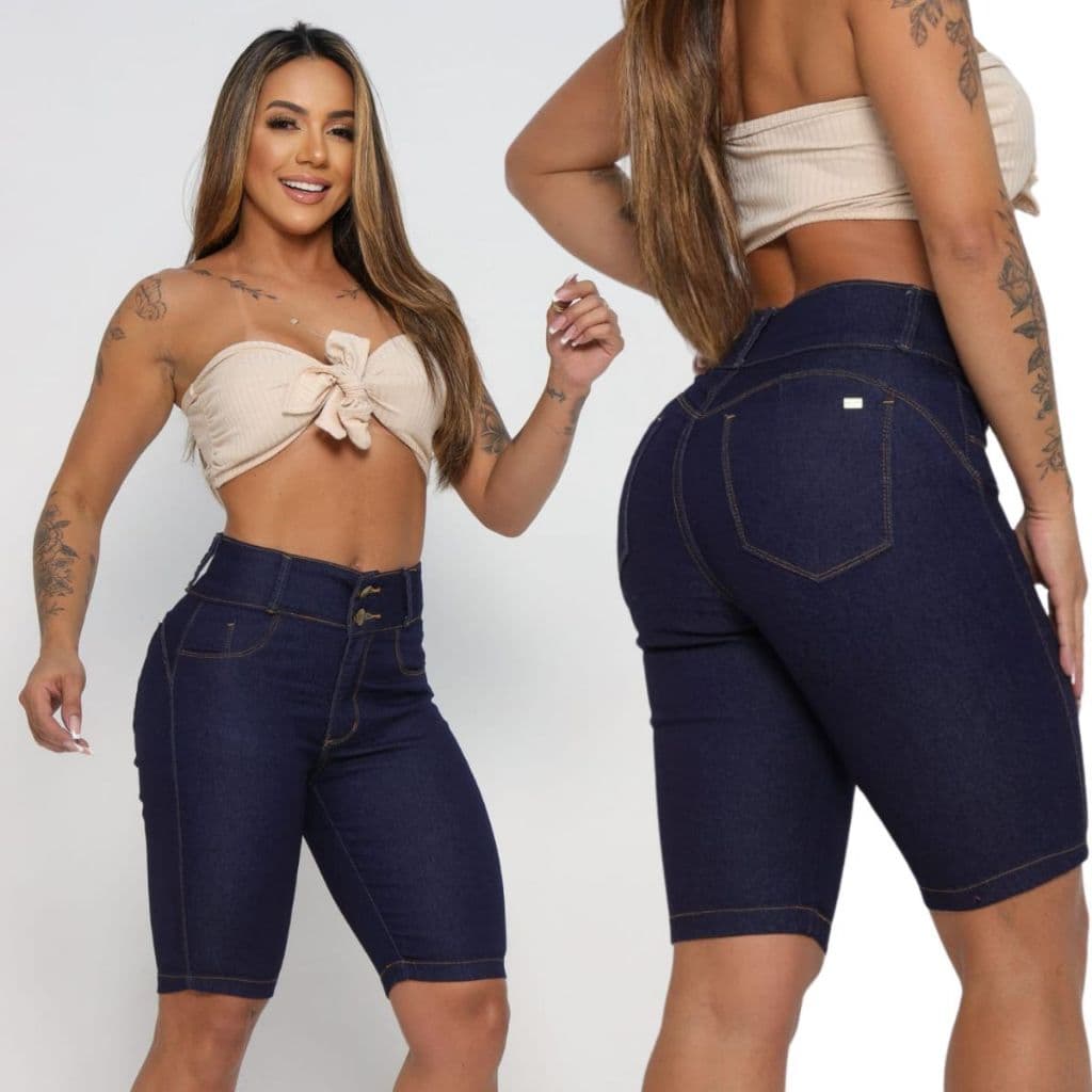Short Jeans Bermuda Ciclista Feminino, Bermuda Meia Coxa Jeans Cintura Alta Com Lycra ate o joelho
