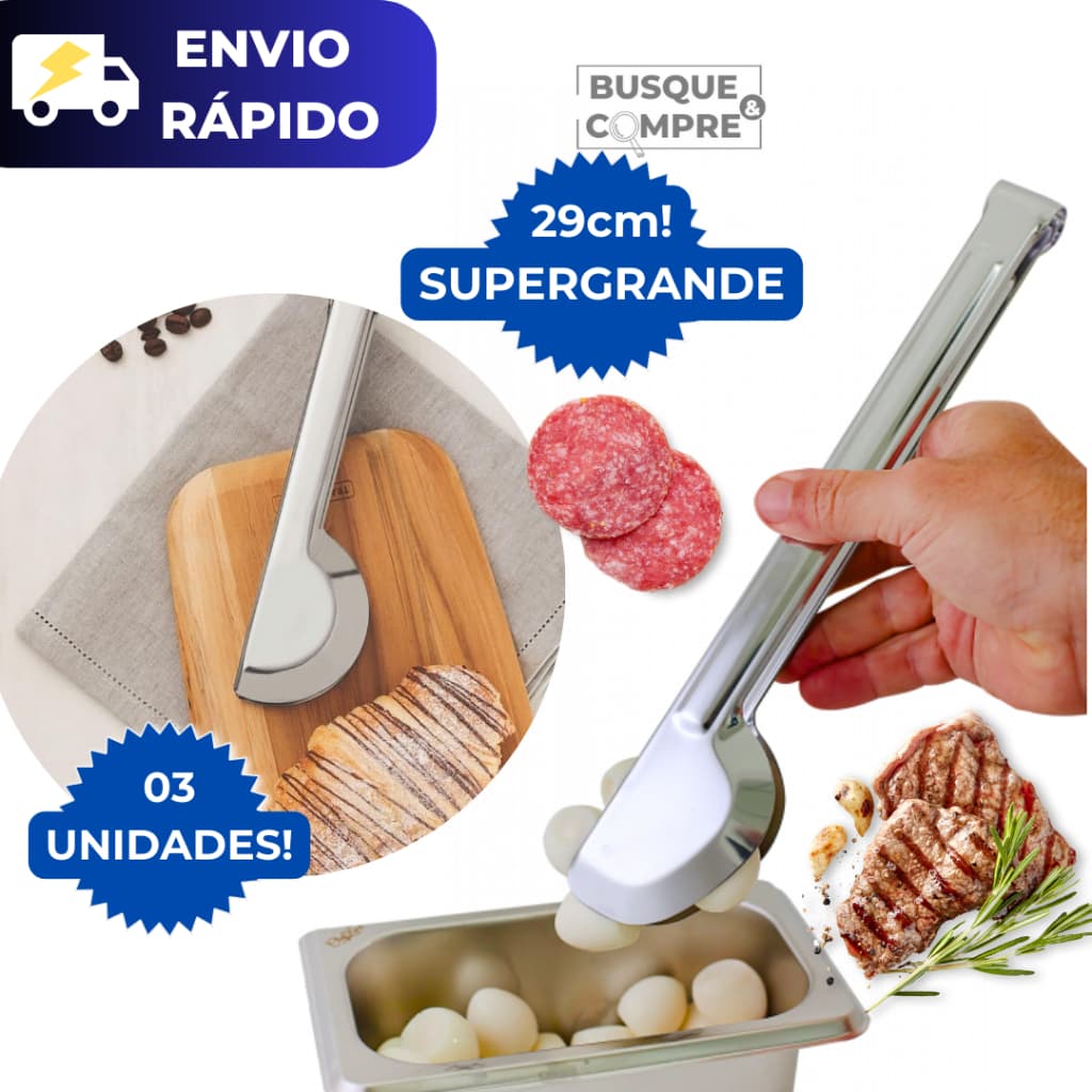 3 Pegadores Universal Grande de Aço Inox 29cm Massa Churrasco Petiscos Salame Salada Carne de Massas