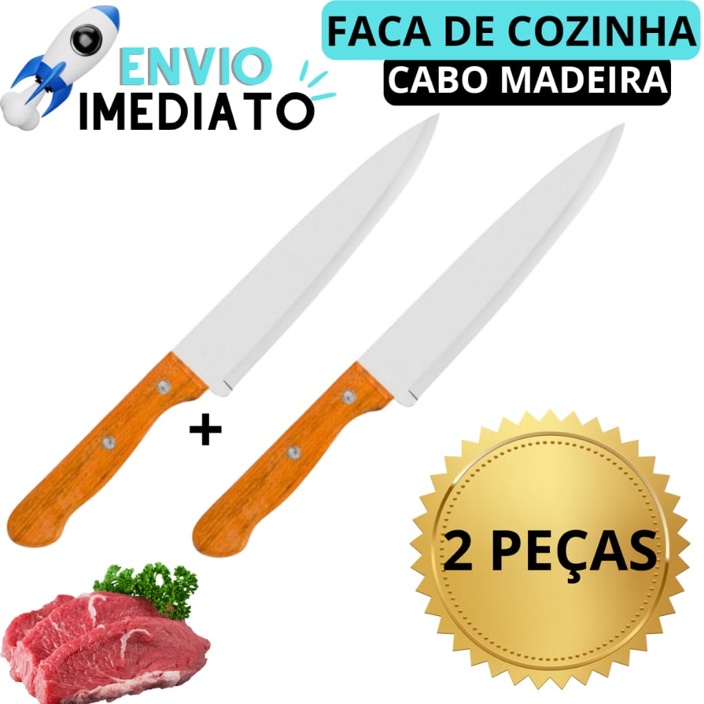 Kit 2 Faca de Cozinha Grande Faca De Carne Peixeira De Inox 7 Cabo de Madeira Para Cozinha Casa Restaurantes Para Carnes Peixes Frango