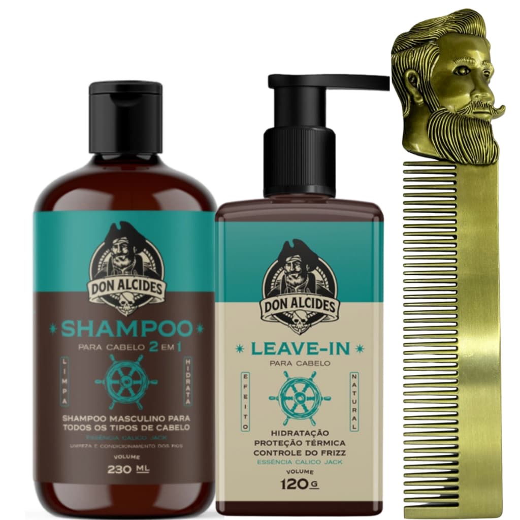 Kit Shampoo 2 em 1 230ml Leave-in 120g + Pente Dourado Envelhecido