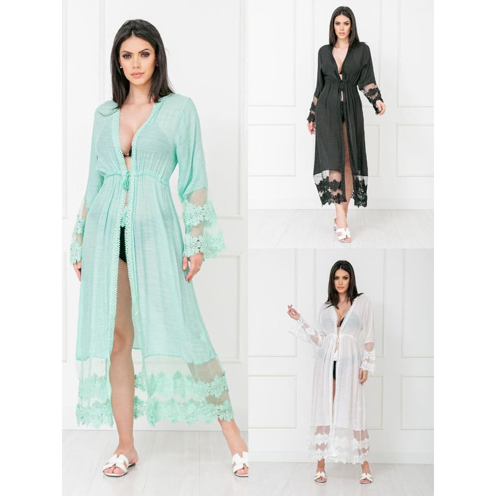 Saida De Praia Piscina Canga Kimono Longa Com Renda Moda Verao