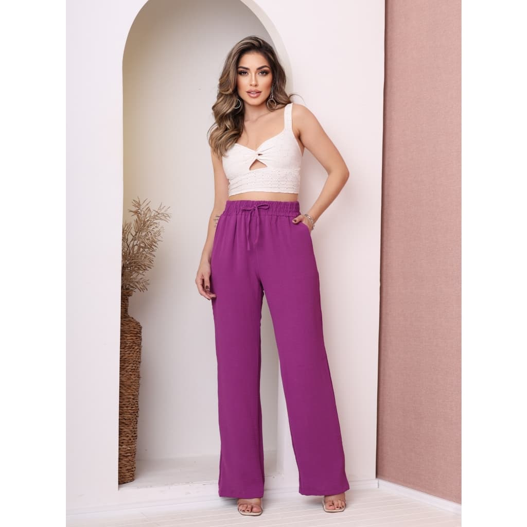 Calça pantalona social com elástico na cintura tecido duna 06