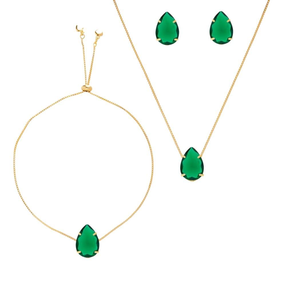Conjunto Pulseira Brinco Colar Verde Esmeralda Folheado Ouro