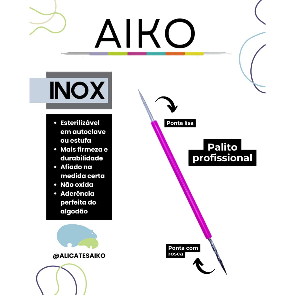 Palito Duplo Aiko Cutelaria - bastão, inox com Silicone 31.3 - manicure profissional