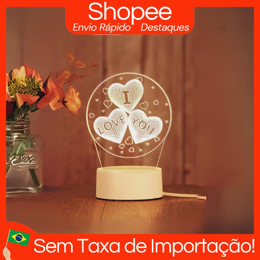 Lâmpada LED 3D de Amor Romântico para Casa e Decoração - Luz Noturna Infantil Luminária Criativa Desenhos