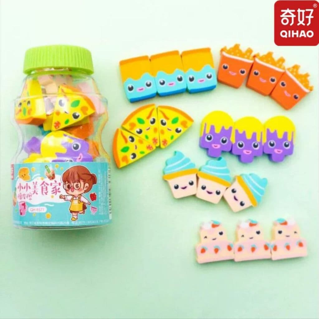 Pote Mini Borrachas Fast Food – Kit com 18 Unidades Fofas para Material Escolar e Papelaria Kawaii