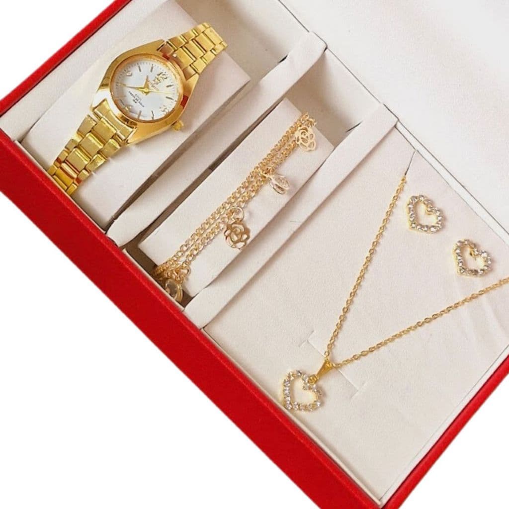 Relógio femenino Luxo de pulso Minimalista analógico Fino Slim  + Colar Brincos Folheado Ouro + Pulseira Feminina - Presente feminino, presente de natal