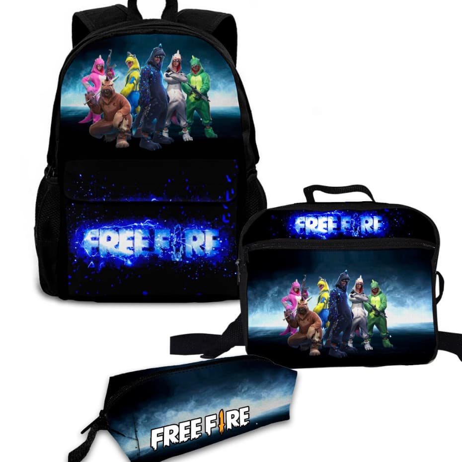 Kit Mochila Bolsa Free Fire Escolar Com Lancheira Térmica Infantil e Estojo Unissex Ajustável