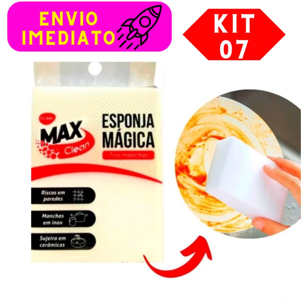 Kit 07 Esponjas Mágicas Multiuso Max Clean Melanina Importada Indispensável Tira Riscos Manchas