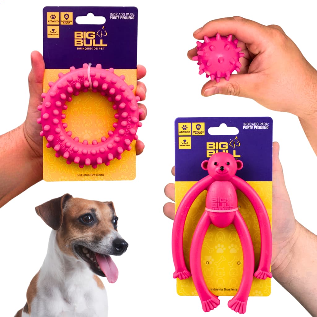 Kit 03 Brinquedo Cachorro Interativo Bolinha Pet Macaco Anel Resistente Porte Pequeno Big Bull Pet