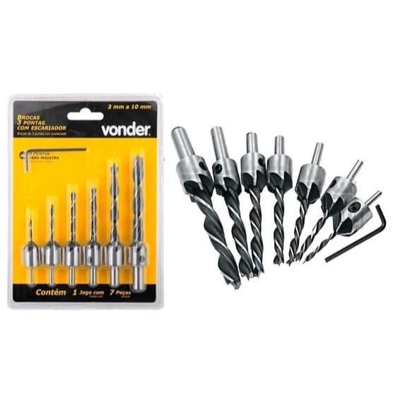 Jogo de brocas 3 pontas com escareador 3 mm a 10 mm  jogo com 7 peças VONDER