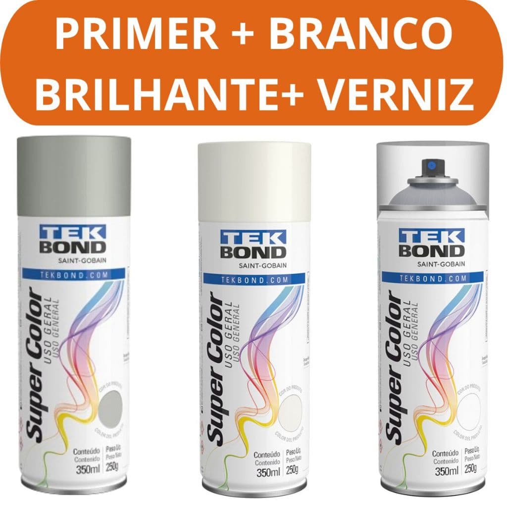 Kit Primer Branco Brilhante e Verniz Brilhante 350ml Tekbond Secagem Rapida Metal Madeira Ferro MDF