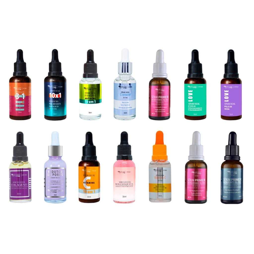 Sérum Antienvelhecimento Colágeno, Clareador, Pele de Seda, Vit. C, Rosa Mosqueta Kit com 09 unid.