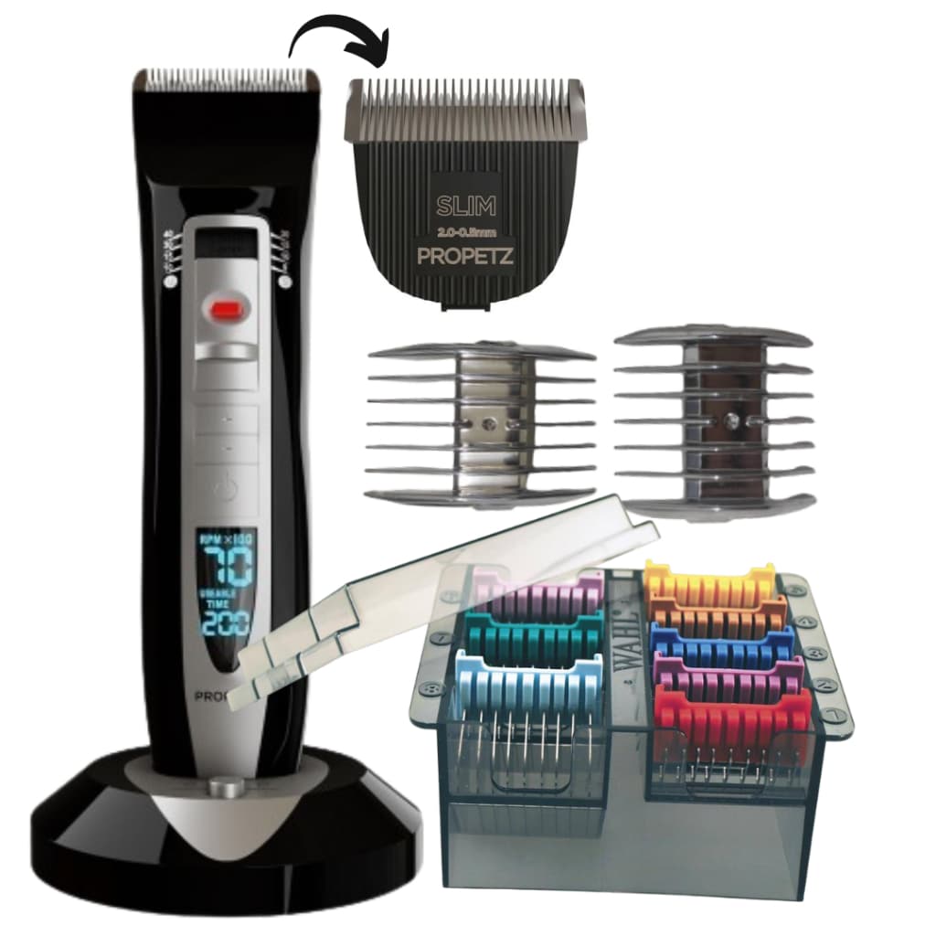 Combo máquina de tosa pro6 e kit pentes adaptadores 8 peças em aço uso profissional e doméstico petshop