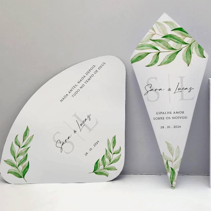 Ventarola Leque e Cone de Pétala Arroz para Casamento Personalizado com Nomes e Data Kit