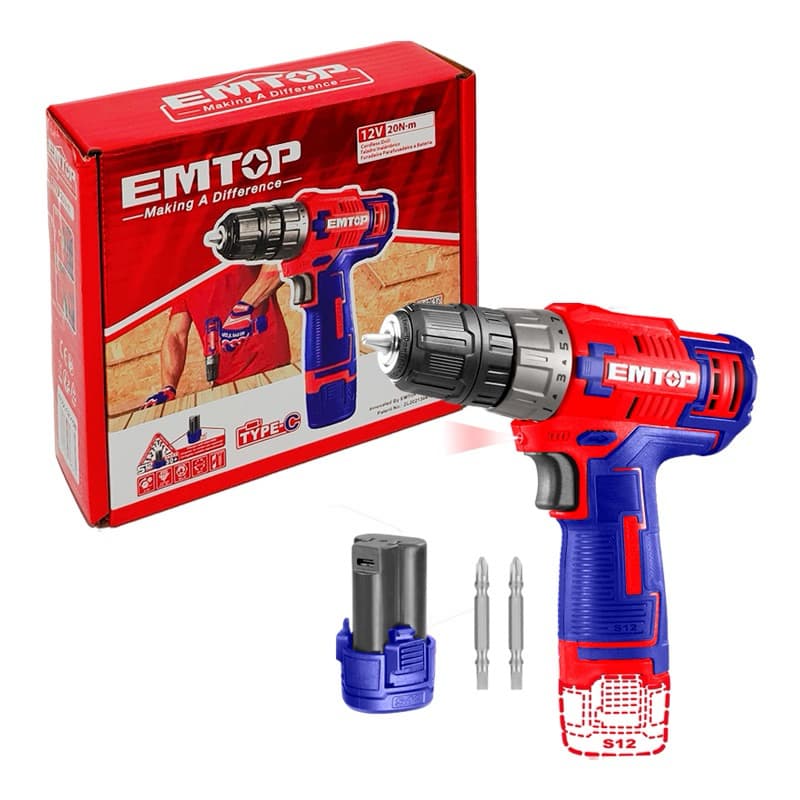 Parafusadeira/Furadeira a Bateria Sem Fio 12v Emtop Carregador USB