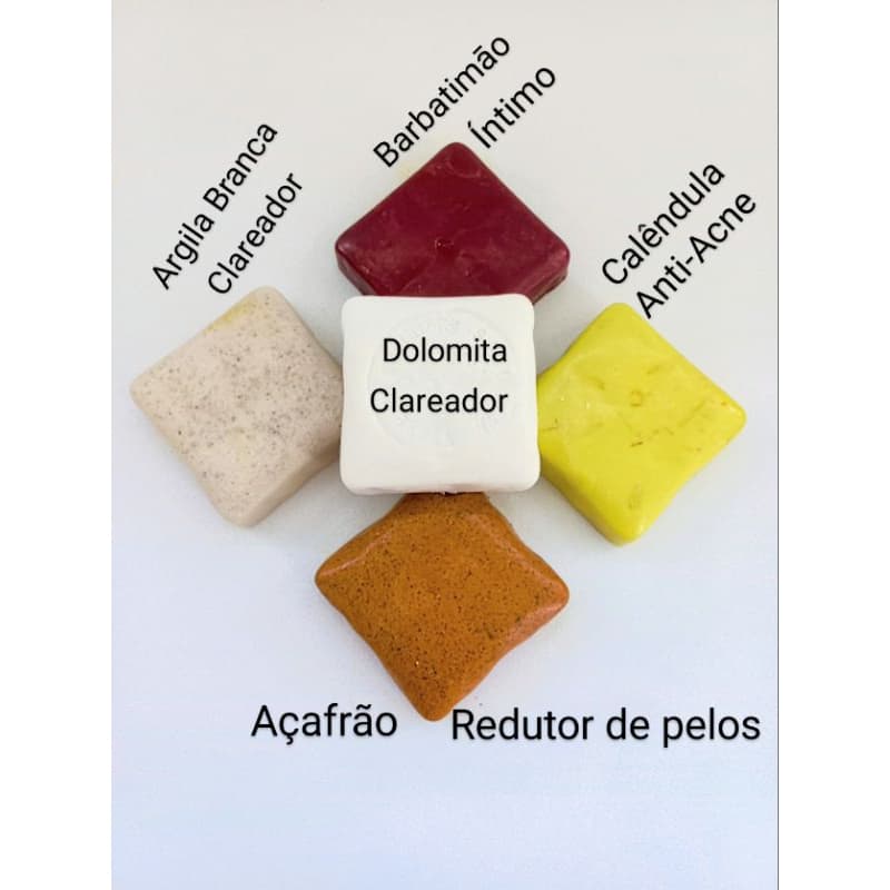 Kit 5 Sabonetes, Açafrão, Dolomita, Barbatimāo,, Calêndula e Mel, Argila Branca