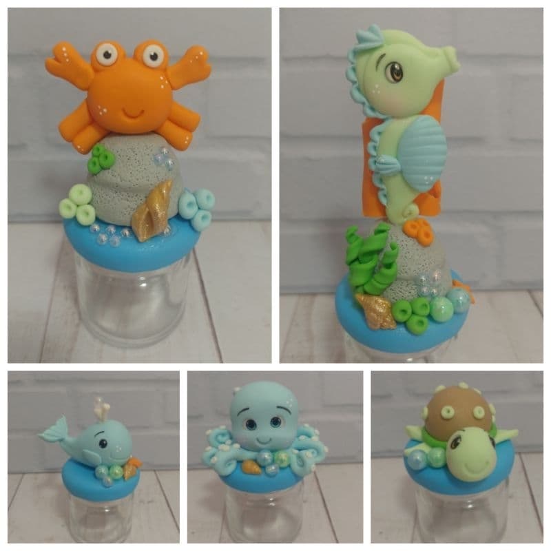 5 potinhos de vidro 40ml Fundo do Mar em biscuit
