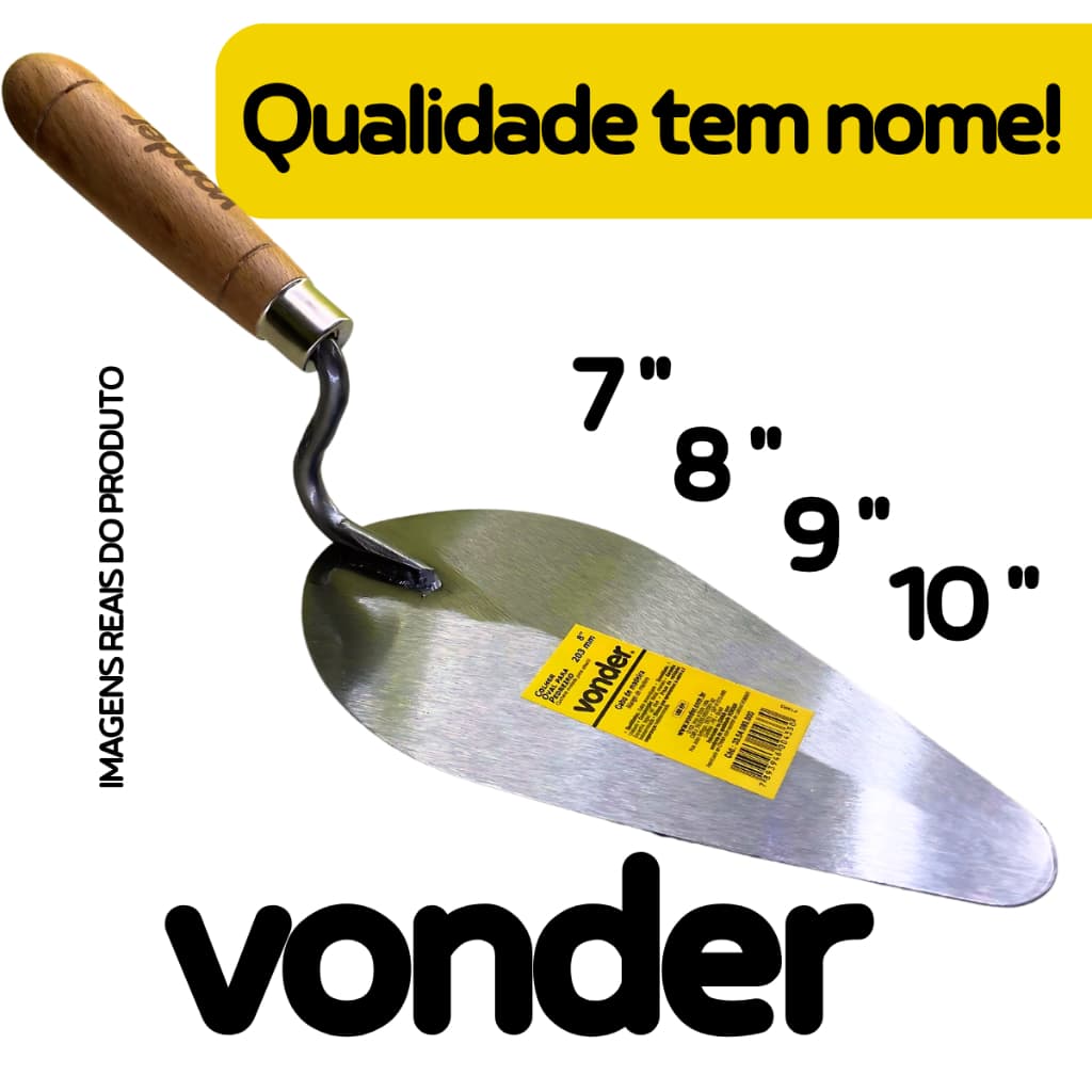 Colher Oval 10/ 9/ 8/ 7 Polegadas Profissional Canto Redondo Curvo, Cabo Madeira, Ergonômico VONDER