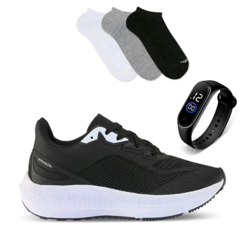 kit tênis masculino esportivo+meia 100% algodão + relógio digital conforto e qualidade