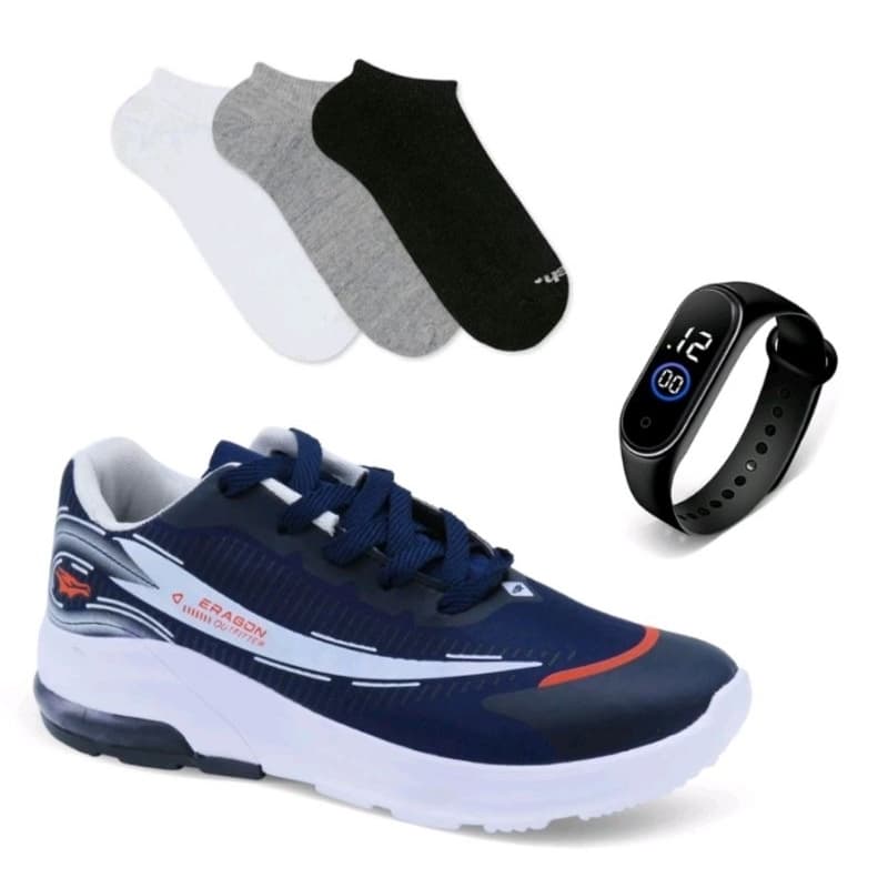 kit tenis masculino + meia + relógio digital conforto e qualidade