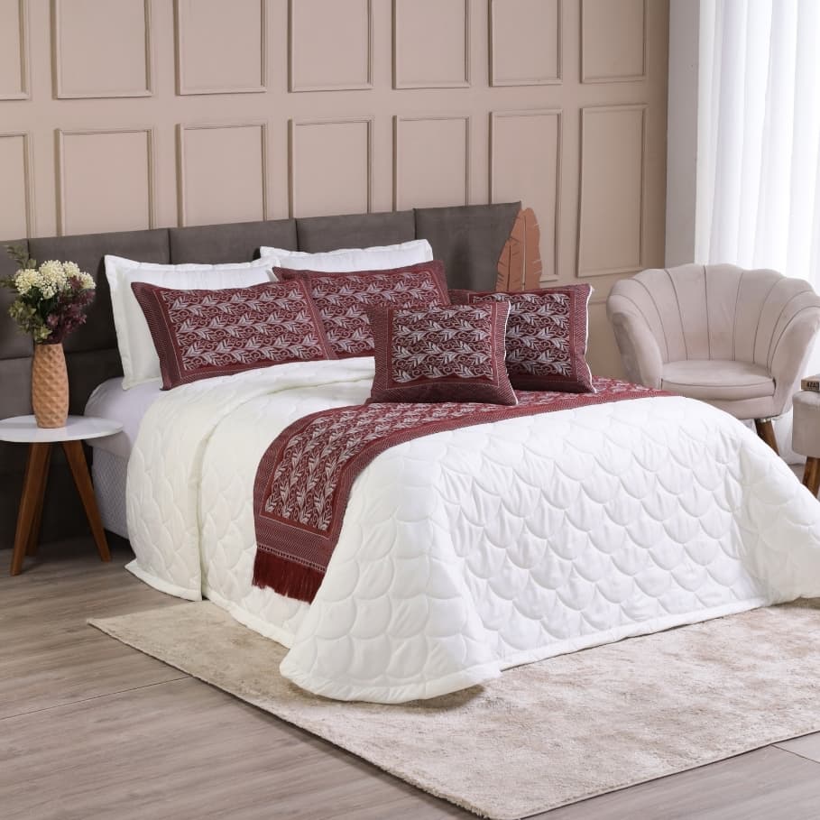 Kit Cobre Leito Colcha Casal Padrão 10 Peças Fiori Jacquard