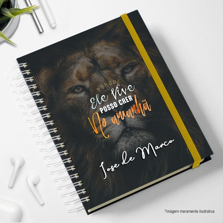 Agenda 2026 Yeshua É o Leão de Juda personalizada capa dura com nome elástico colorido 1dia pagina