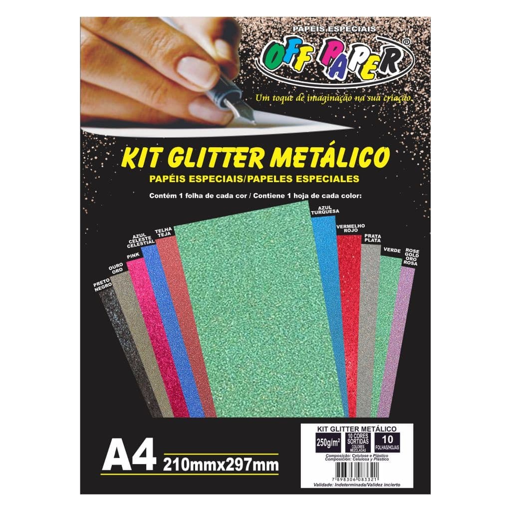 Kit Papel Glitter A4 Metálico  250g Off Paper