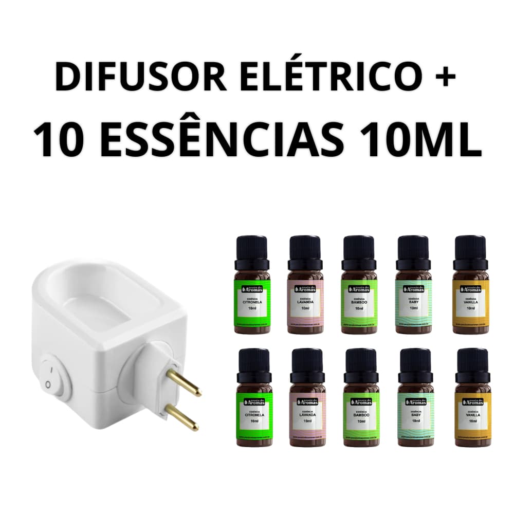 Kit Difusor Elétrico de Aromas Bivolt + 10 Essências 10ml Paraíso dos Aromas