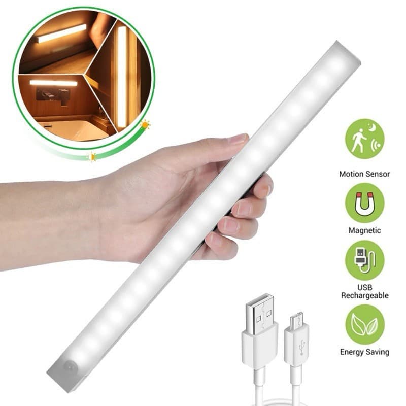 Luz LED Sensor de Movimento USB Recarregável | Ajuste de Brilho | Luminária Sem Fio para Armário