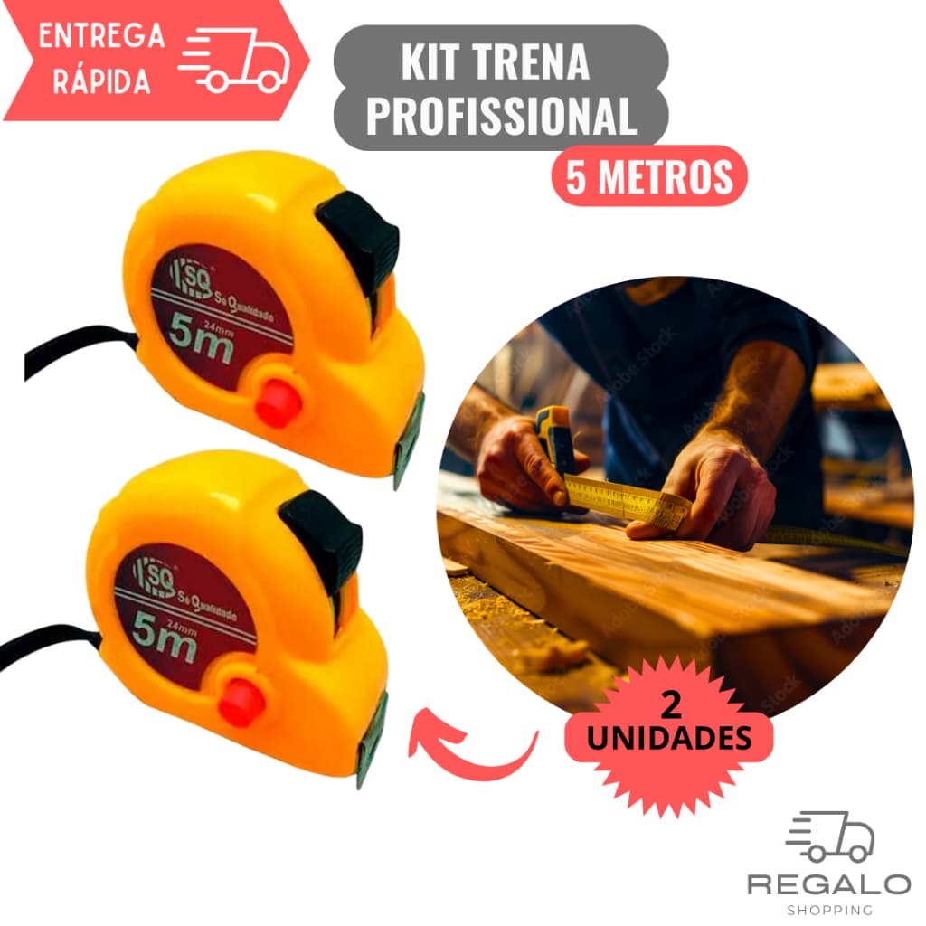 Kit 2 Trenas Métrica 5 metros Profissional com Alça e Trava Fita de Aço Tirar Medidas em Obras