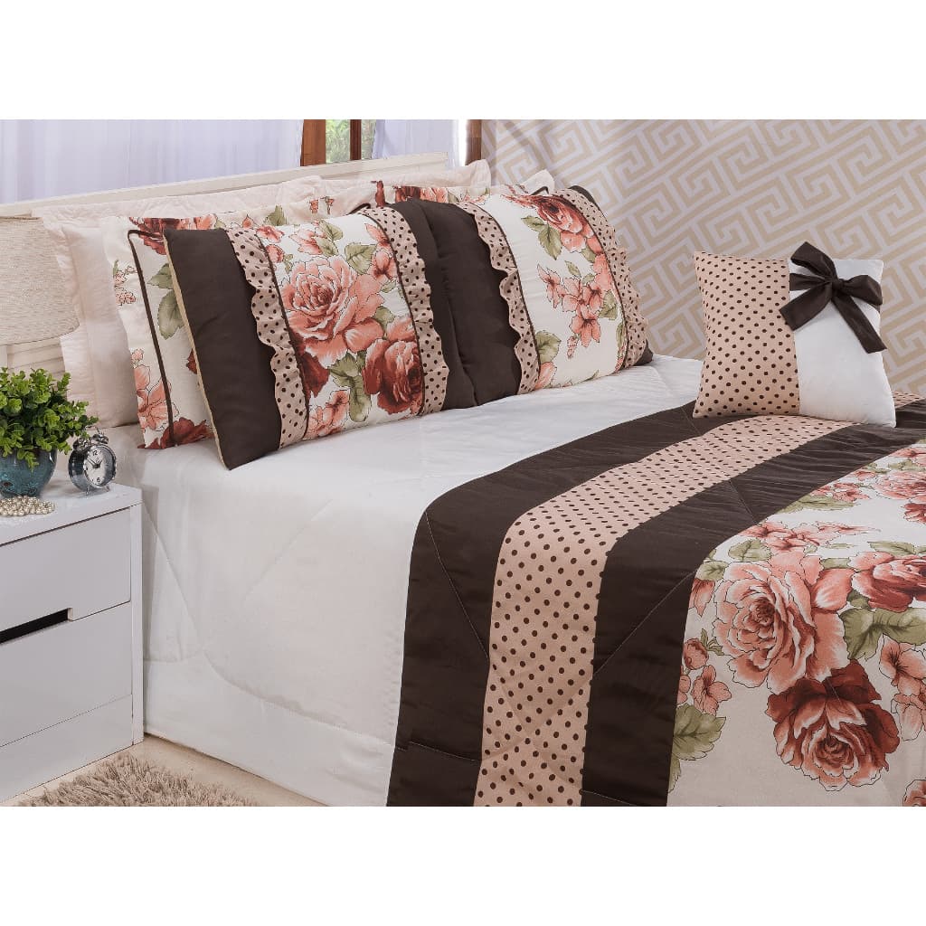 Kit Edredon Cobre Leito Vitória Cama Queen Luxo Floral