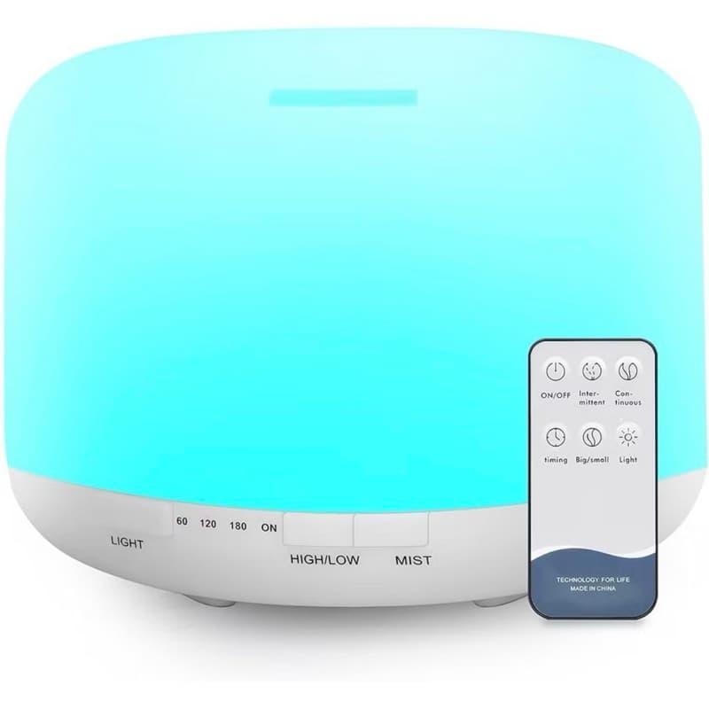 500ML Difusor De Óleos Essenciais, Humidificador Ultrassónico Sem BPA Com Controlo Remoto E 7 Diferentes Luzes Em Mudança - Desligamento Automático Sem Água
