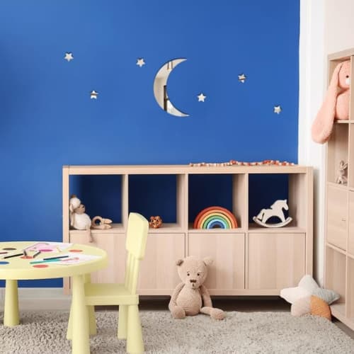 Kit Decorativo Lua e Estrelas Acrílico Espelhado Infantil Moderno Quarto Escola Creche Loja Vitrine