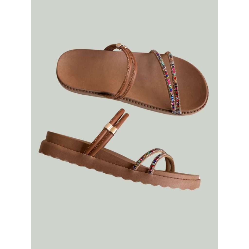 Sandália Feminina Rasteirinha Tamanco Papete Birken Flat Tiras Strass Pedraria  Brilho Luxo