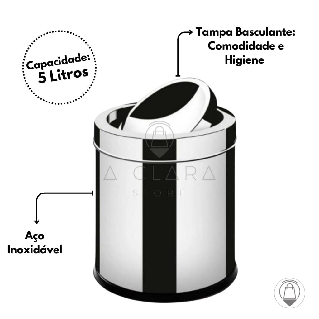 Lixeira Cesto De Lixo Basculante 5 Litros Inox Não Enferruja Cor Inox