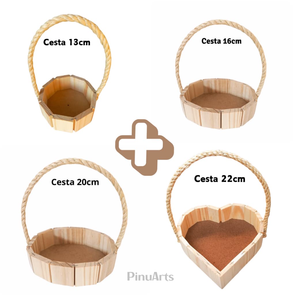 Kit com 4 cestas de madeira pinus tamanhos diferentes para presentes e decorações
