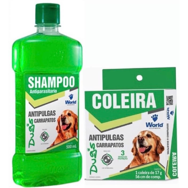 1 Shampoo 500Ml + 1 Coleira  Dugs Antipulgas e Carrapatos p/Cães 17g c/ 56cm- World Veterinária