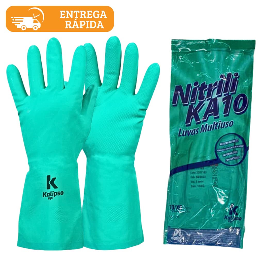 Luva Multiuso Nitrílica Forrada Verde Produtos Químicos Limpeza Pesada Faxina Laboratório