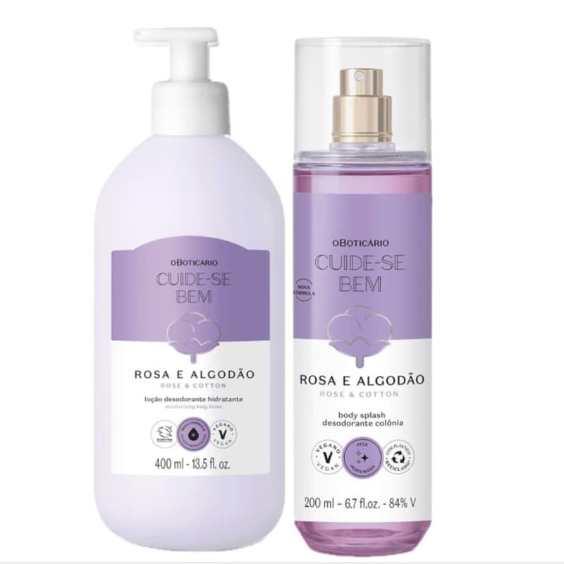 Kit Presente Rosa e Algodão: Hidratante Desodorante Corporal 400ml + Body Splash Desodorante Colônia 200ml