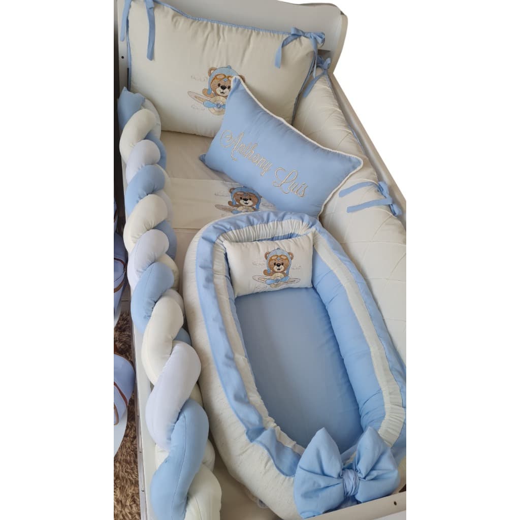 Enxoval de Bebe Ursinho Aviador Protetor Berço Ninho Redutor Trocador Comoda