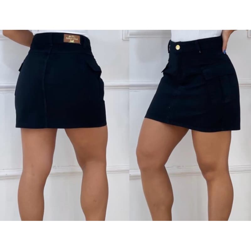 Saia Cargo Jeans Sarja Preta Feminia Premium  Cintura Alta Modela Bumbum