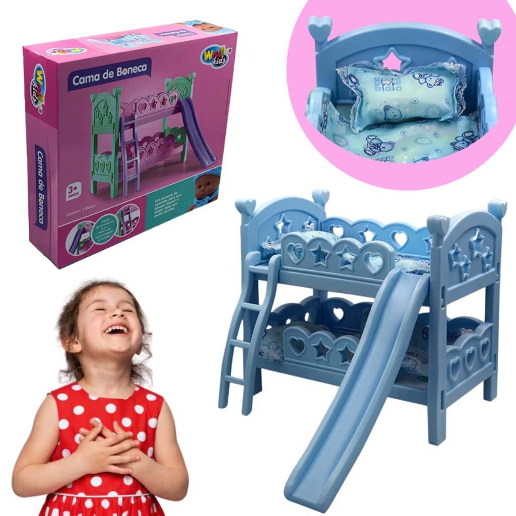 Berço de Brinquedo com Escorregador Azul Cama de Boneca