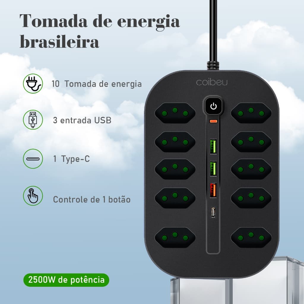COIBEU Extensão Filtro de linha 10 Tomadas 3 USB 1 Tipo-C Bivolt Power 10A 2 metros de linha 110v/220v