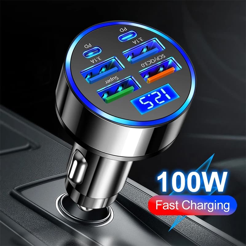 Carregador Turbo USB Tipo C 100W 6 Portas Veicular Automotivo Carro Carregamento Rápido Para Celular