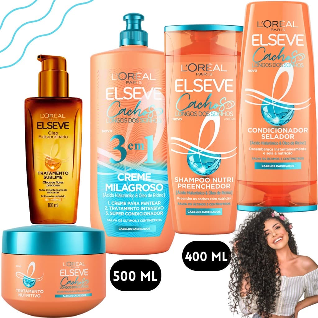 Kit Elseve Cachos Longos dos Sonhos Loreal Paris Óleo Extraordinário 400 ML Creme Milagroso Pentear