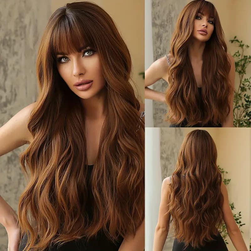 Peruca Lace Wig Longa Ondulado Com Franja Bio Fibra 60cm 250g Top Hair RALE