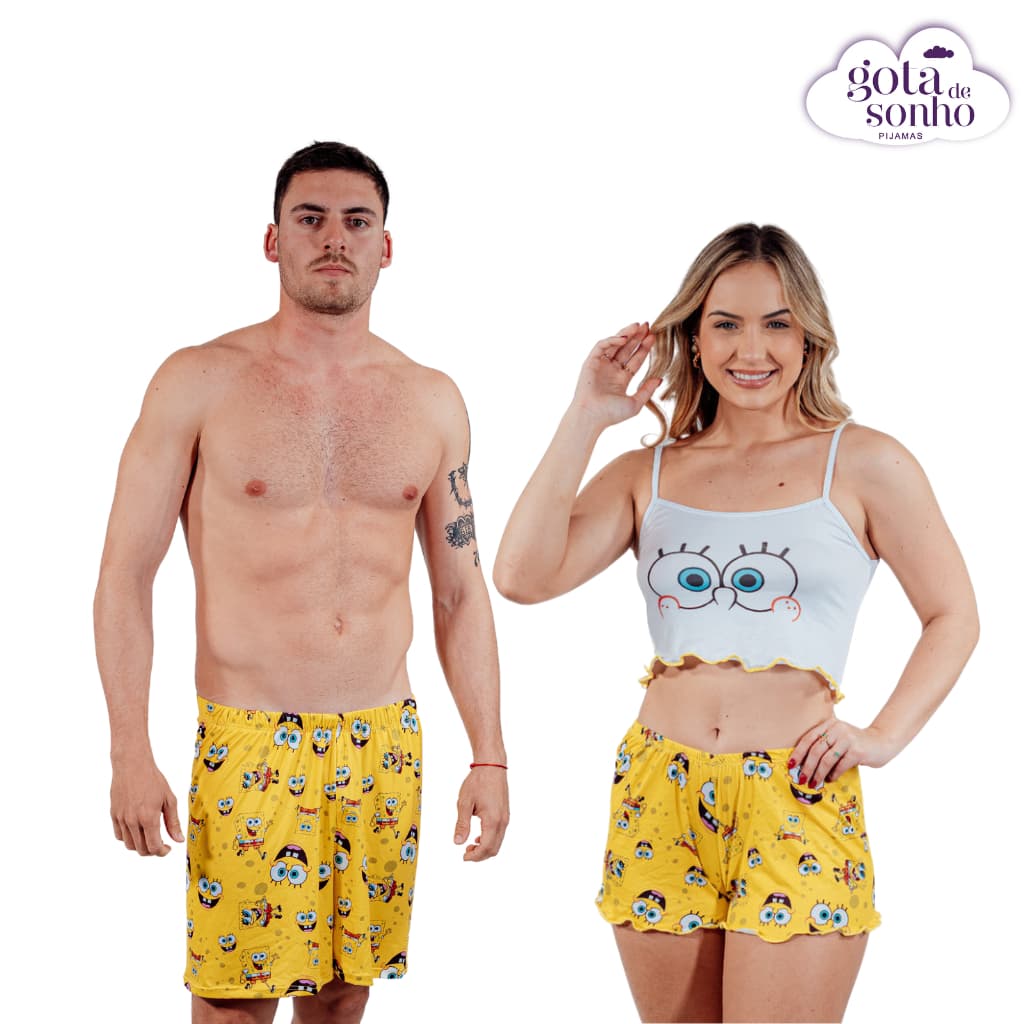 CONJUNTO DE PIJAMA VIRGÍNIA BOB ESPONJA - SHORT DOLL FEMININO E SAMBA CANÇÃO MASCULINO