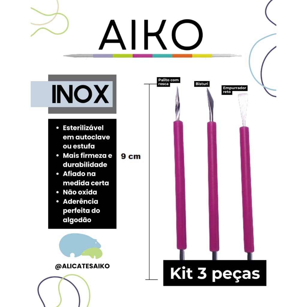 Kit Aiko Cutelaria Mini Pocket 3 Peças em Aço Inox Revestido em Silicone - esterilizável - manicure