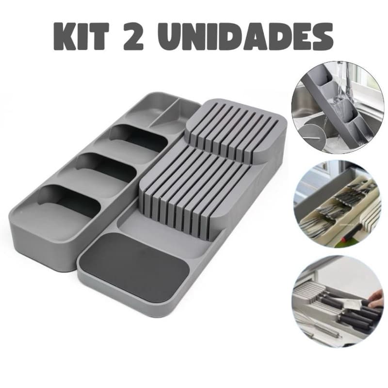 Kit 1 Porta Talheres e 1 Organizador de Facas Compacto para Gaveta com Divisórias Armário